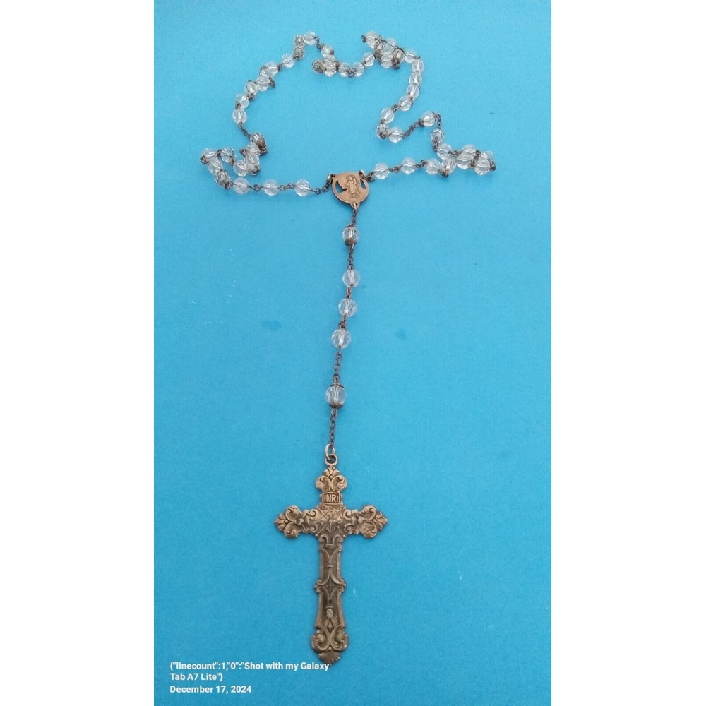Vintage Rosary Clear Crystal Beads Ornate Crucifix Religious Necklace